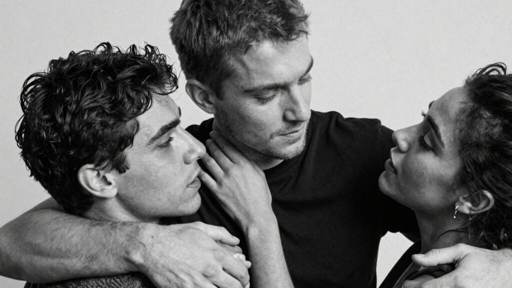 Three people in an intimate embrace, suggesting a multi-partner relationship.