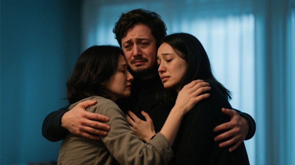 Three people in an intimate embrace, suggesting complex emotions.