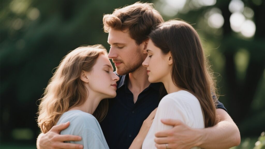 Three people in an intimate embrace.