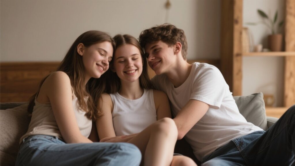 Three people in an intimate, relaxed setting.