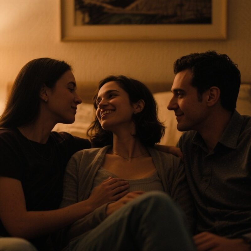 Three people in an intimate threesome setting.