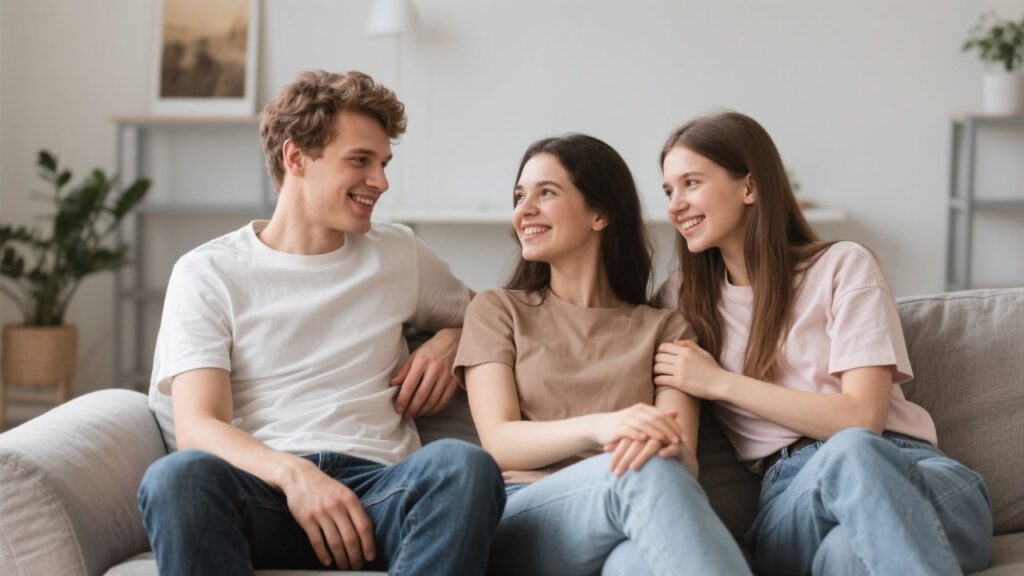 Three people in comfortable poses, suggesting connection.