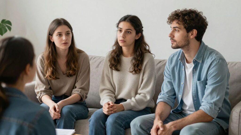 Three people in conversation, clear communication.