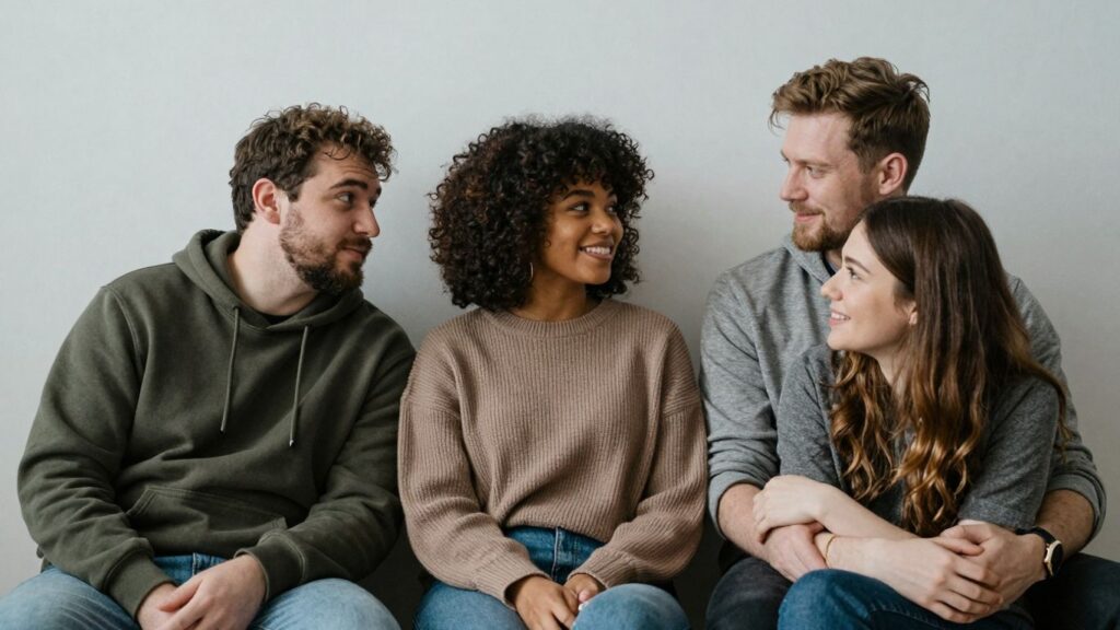 Three people in conversation, conveying clarity and connection.