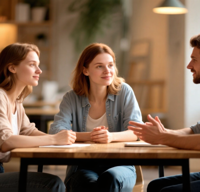 Three people in conversation, conveying clarity and connection.