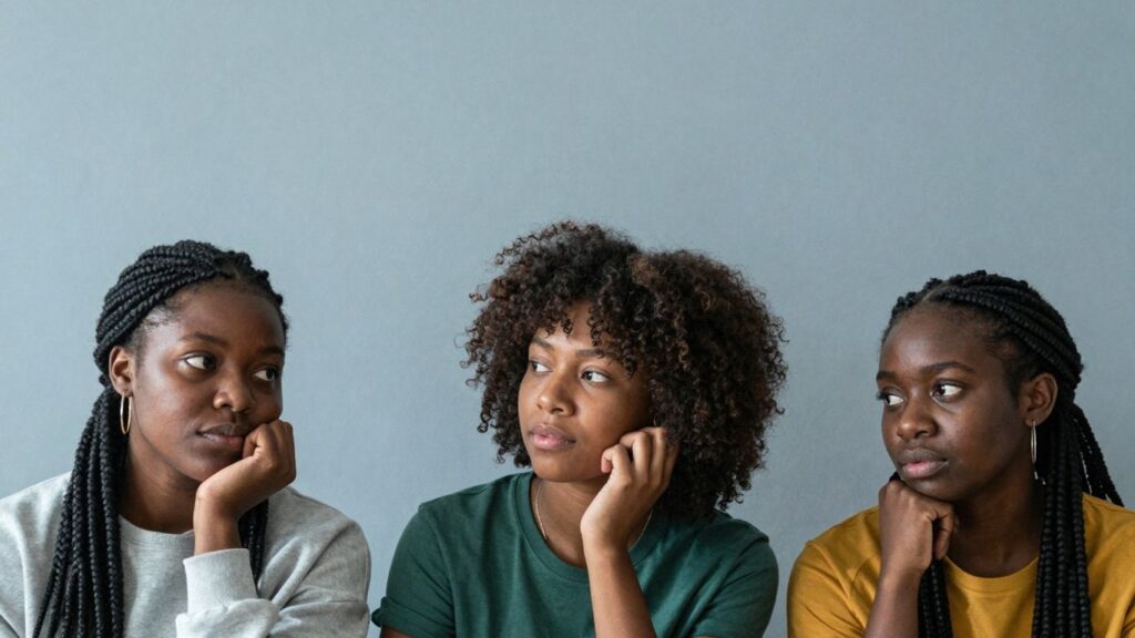 Three people reflecting on a shared experience.