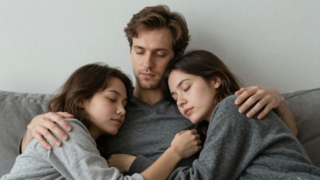 Three people sharing a tender, post-intimacy moment.