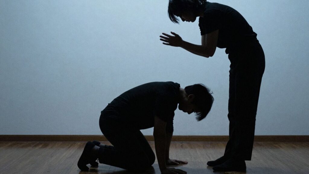 Two figures in a dimly lit room, one kneeling.