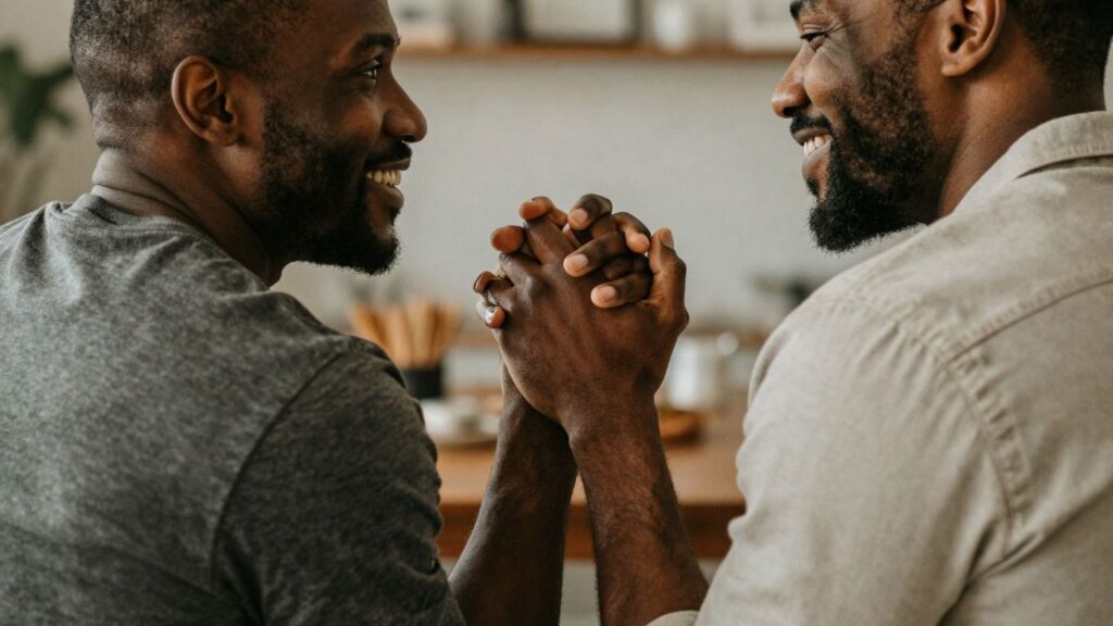 Two men holding hands, looking at each other affectionately.