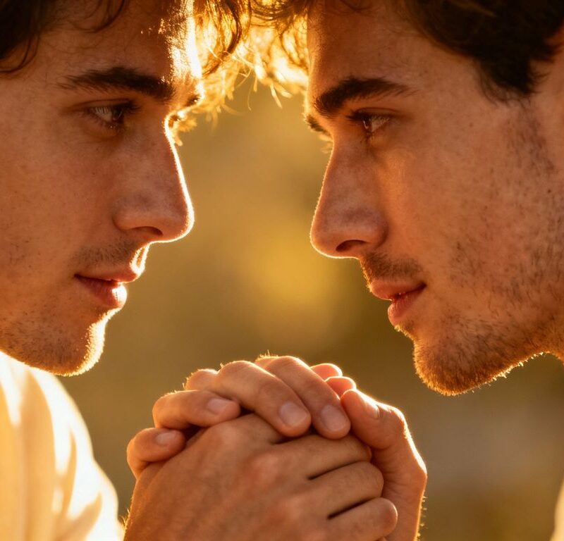 Two men holding hands, sharing an intimate gaze.
