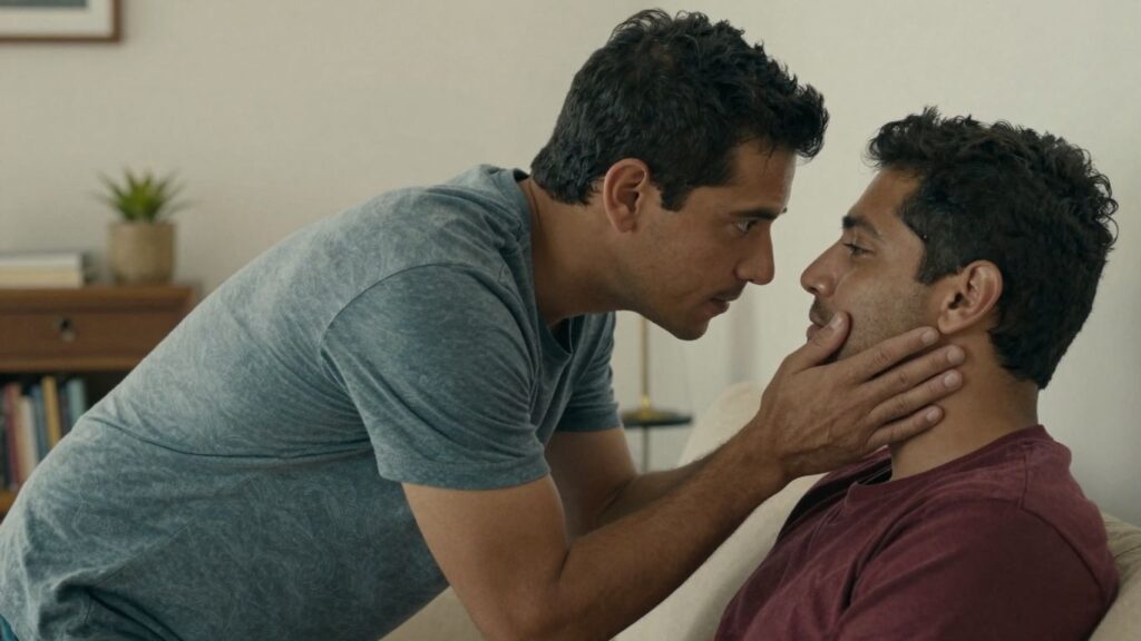 Two men sharing an intimate, affectionate moment.