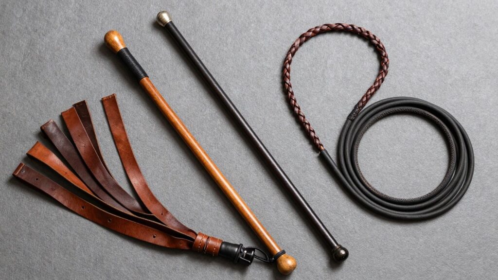 Various impact play toys: flogger, crop, cane, whip.