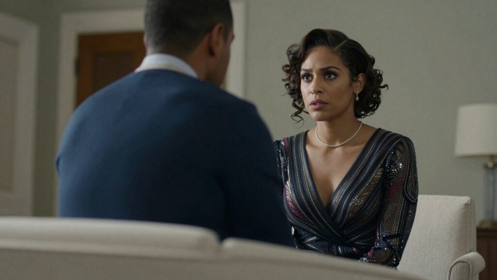 Woman in dress confronts man turning from another woman.