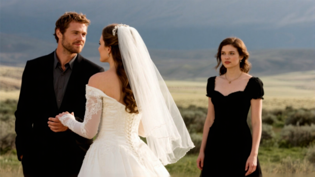 Woman in wedding dress and woman in black dress near a man.