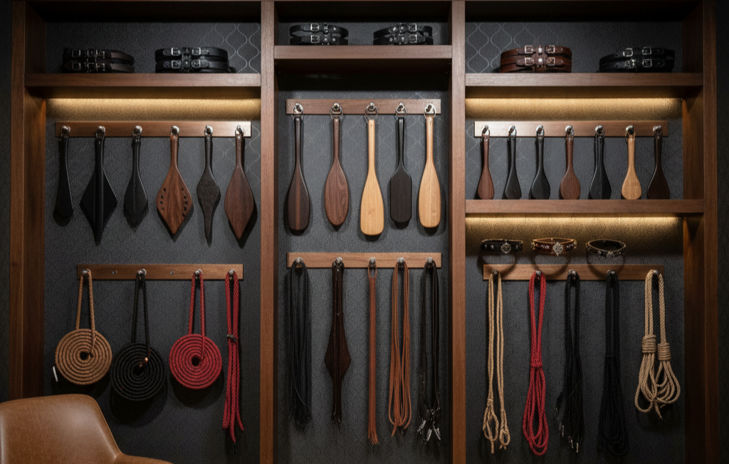wall displaying BDSM and kink gear, including leather restraints, paddles, floggers, collars, and ropes, in a clean, well-lit dungeon-style space