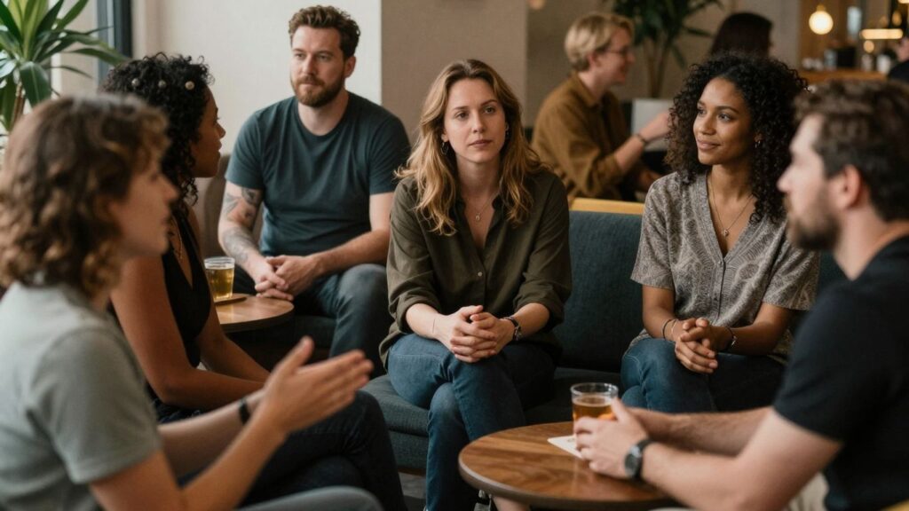 Adults in a social setting, hinting at consensual intimacy and communication.