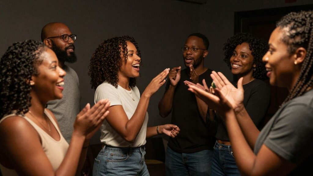Adults interacting in a social, intimate setting.