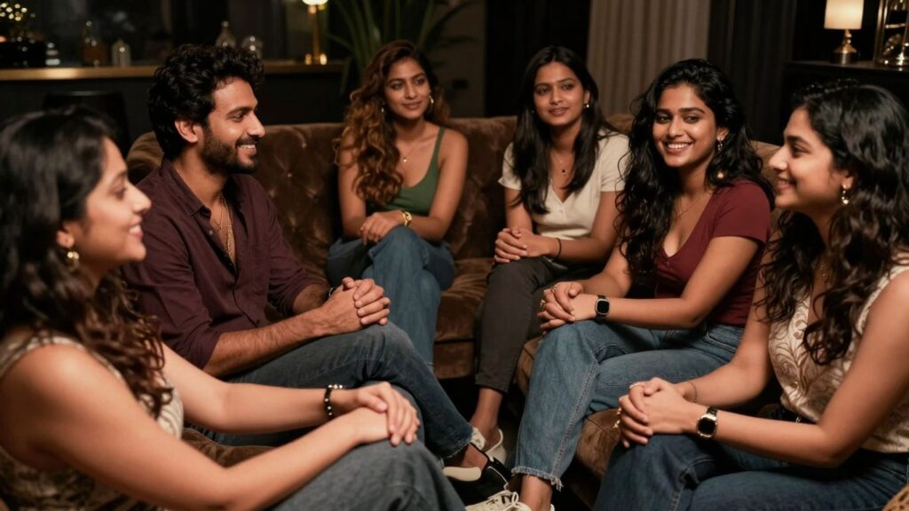 Adults interacting respectfully at a swinger party.