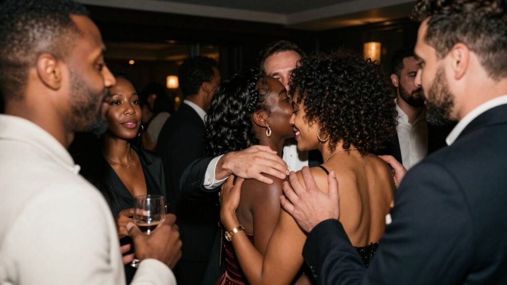 Adults mingling and connecting at a sophisticated party.