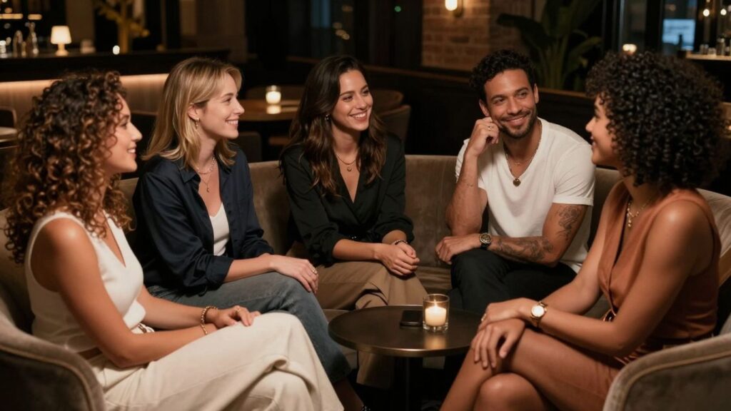 Adults mingling in a luxurious lounge setting.