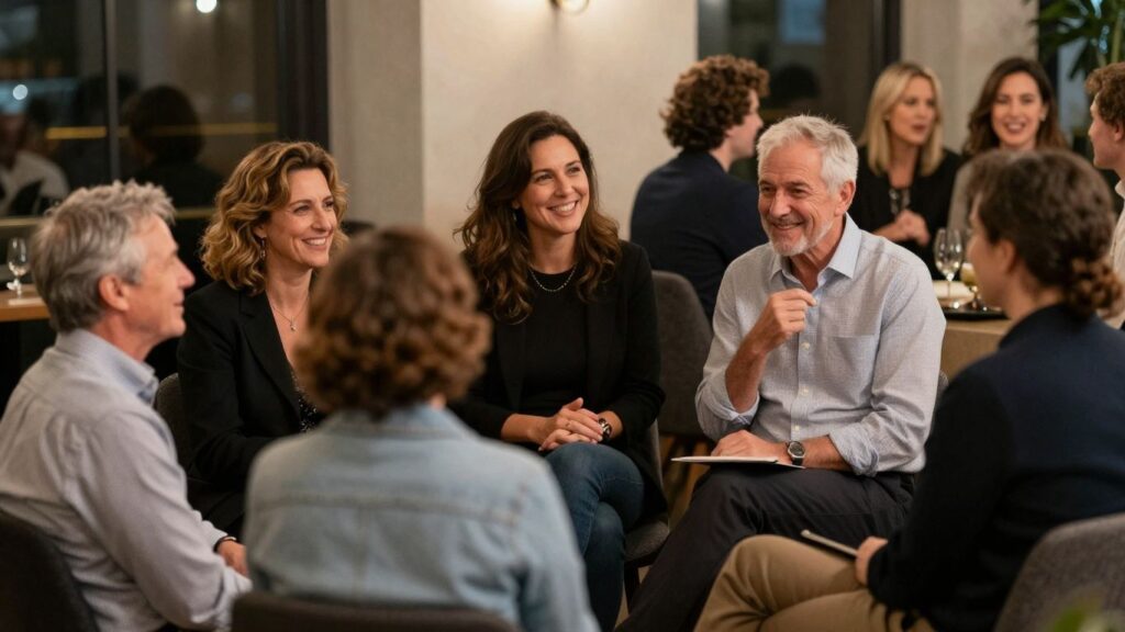 Adults socializing at a sophisticated gathering.