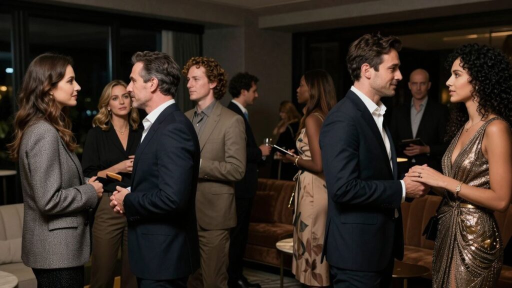Adults socializing at a sophisticated swinger party event.
