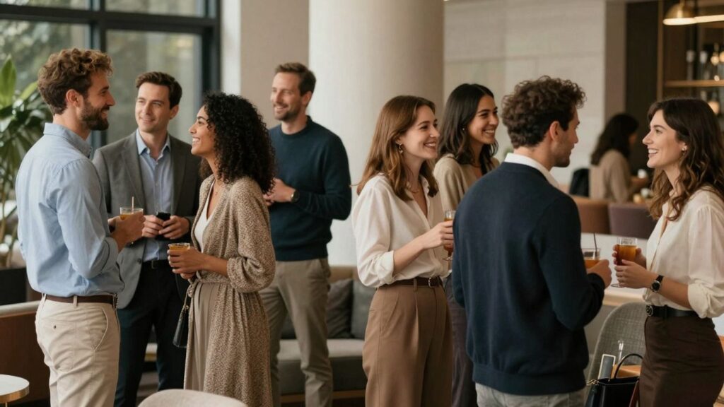 Adults socializing in a lounge setting.