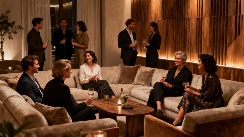 Adults socializing intimately in a comfortable community setting.
