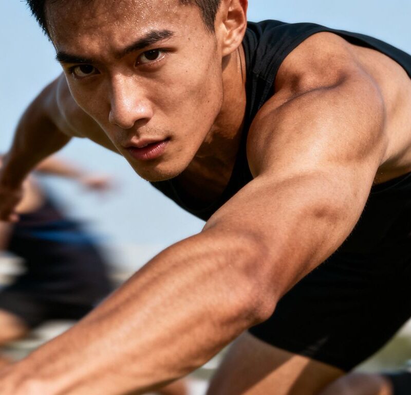 Athletes in dynamic motion during a sporting event.