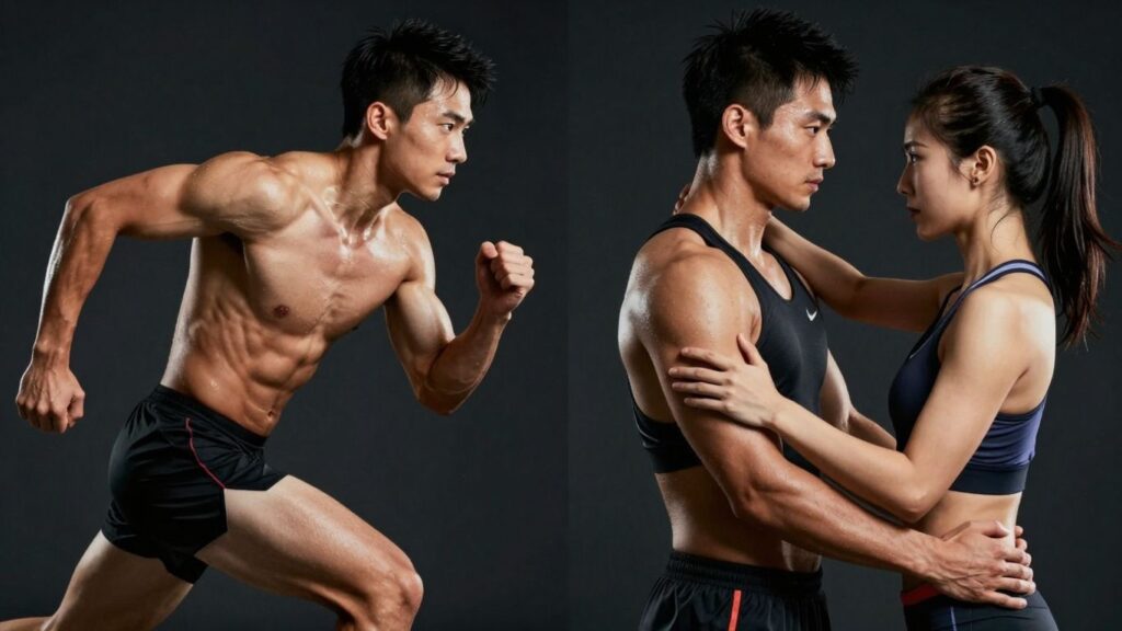 Athletes in motion, single and partnered, showing exertion.