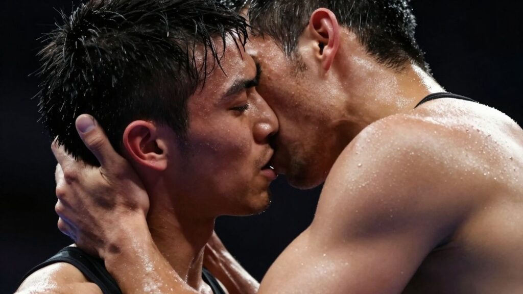 Athletes in passionate embrace, sweat glistening on skin.
