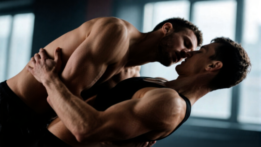 Athletic bodies intertwined in intense, uninhibited sport.