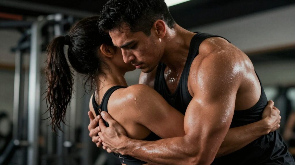 Athletic couple in intense physical embrace, sweat glistening.