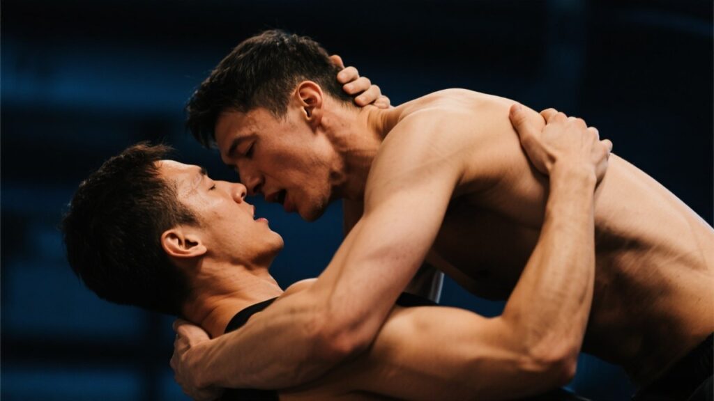 Athletic couple in passionate sport fucking embrace.