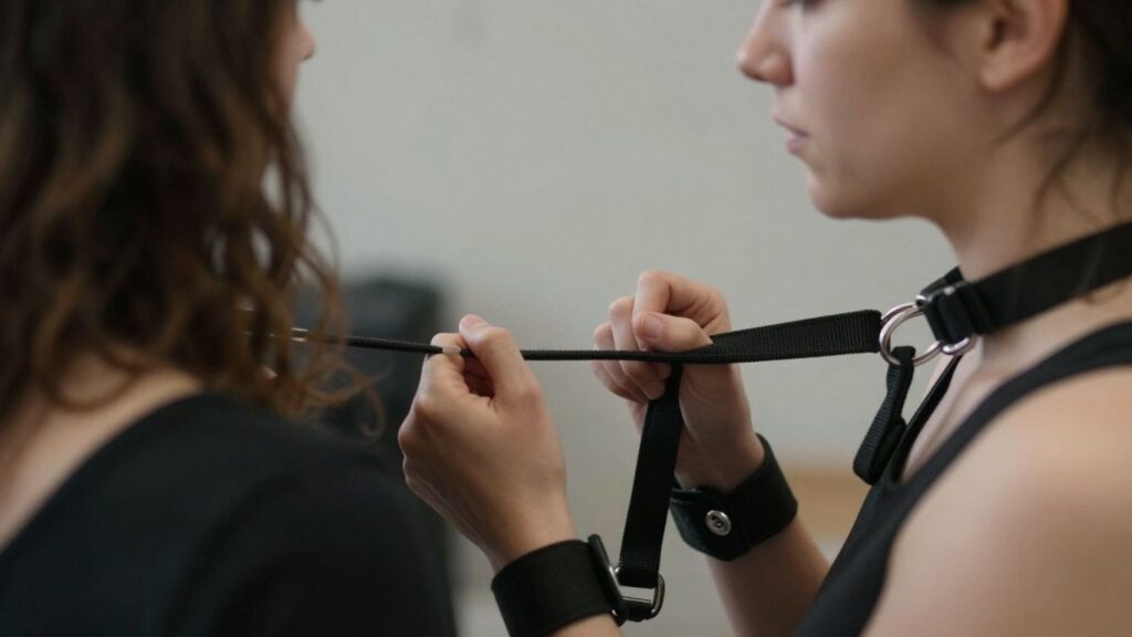 BDSM safety practices, consensual interaction, careful restraint application.