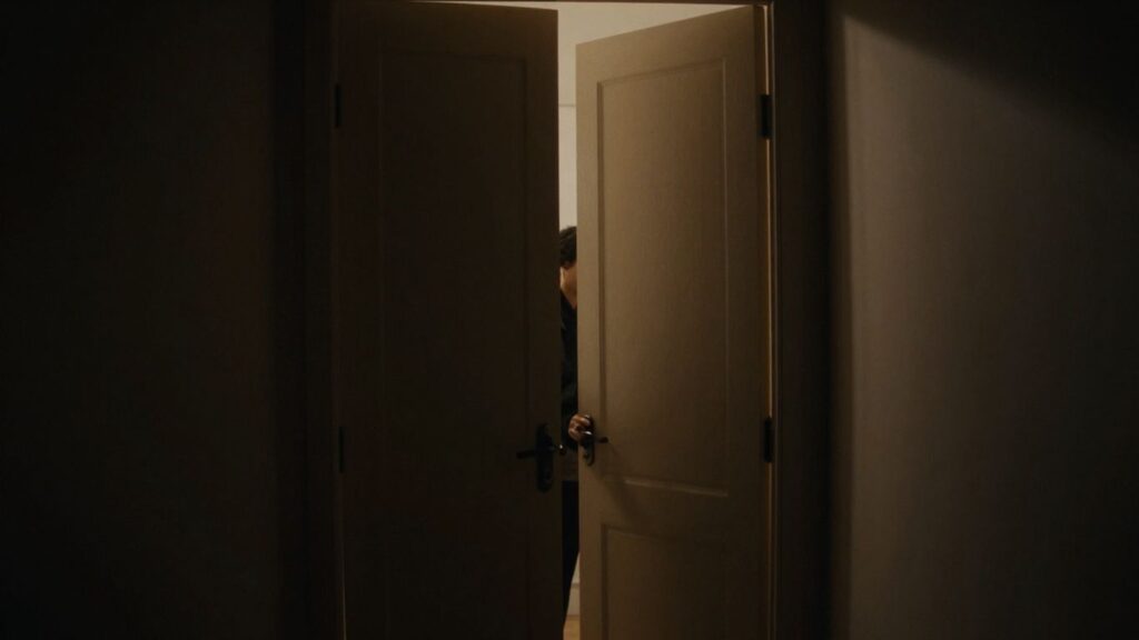 Closet door ajar, hinting at hidden intimacy within.