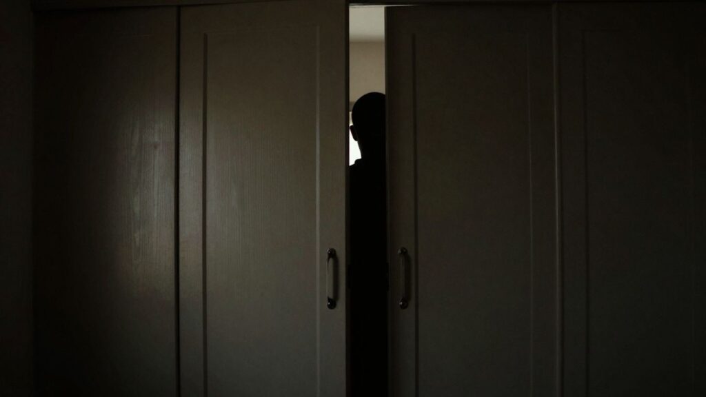Closet door ajar, person silhouette, dim lighting, mystery.