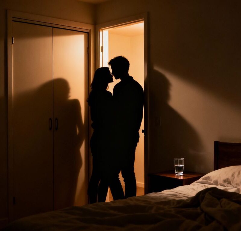 Closet door ajar with silhouettes inside.