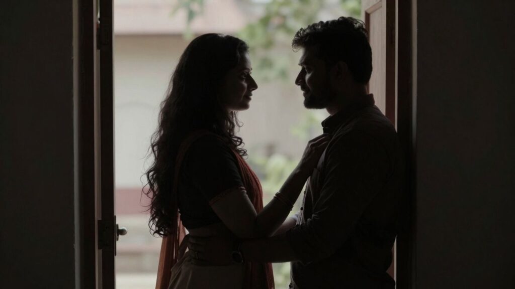 Couple at a doorway, setting boundaries.