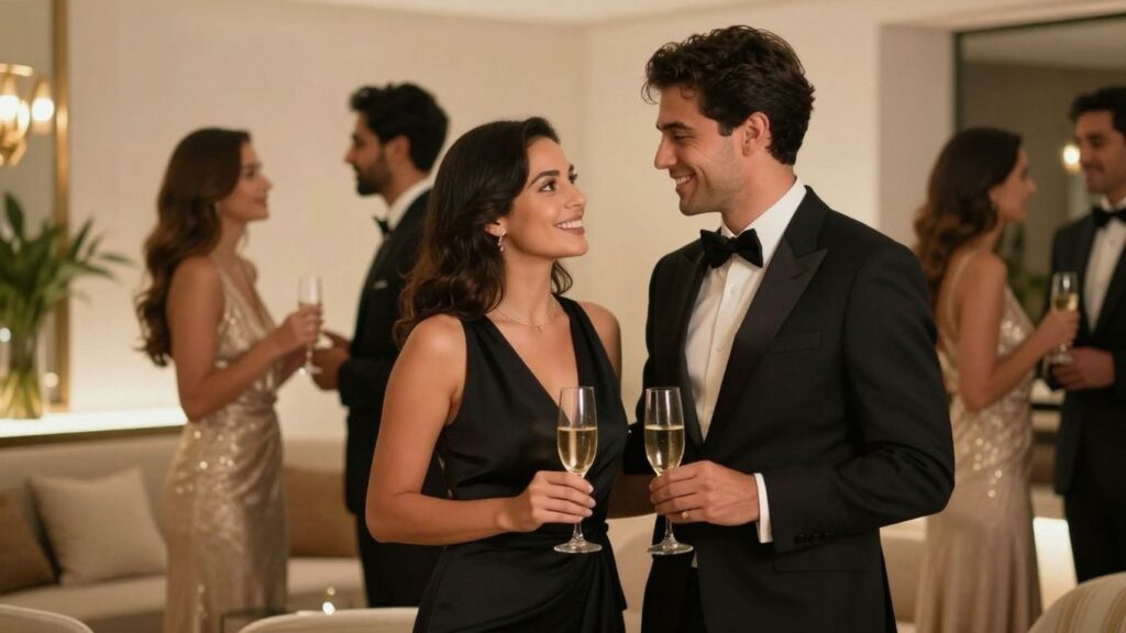 Couple at a sophisticated swinger party lounge.