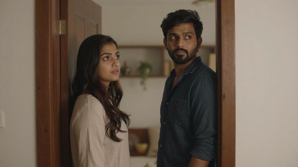 Couple at doorway, contemplating disclosure.