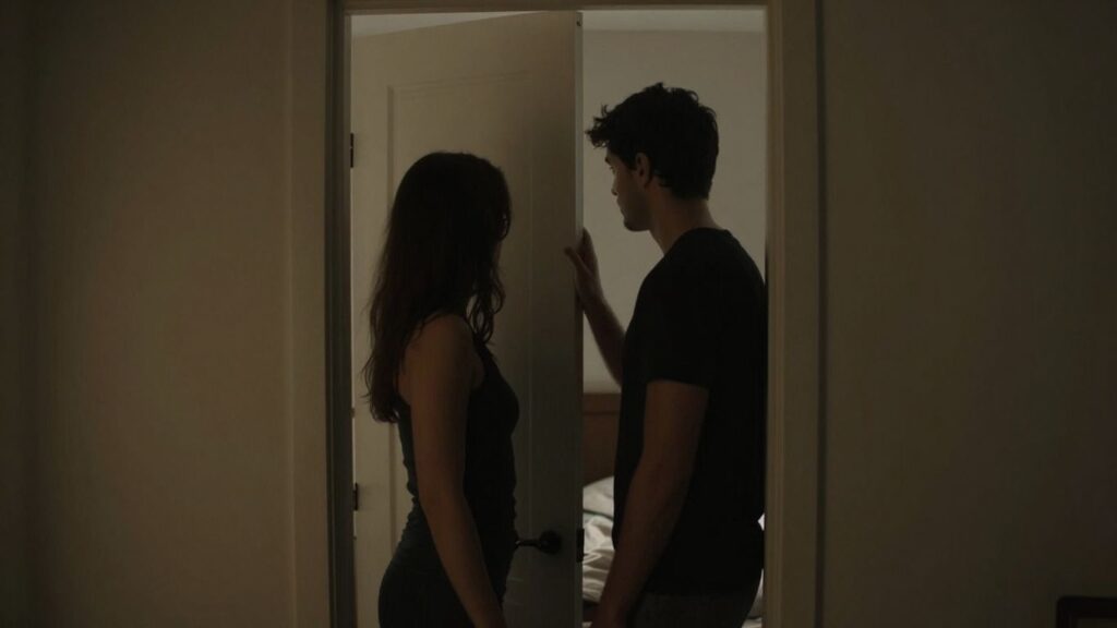 Couple behind a closet door, intimate and suggestive.