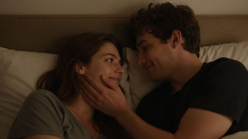 Couple communicating intimately in a bedroom.