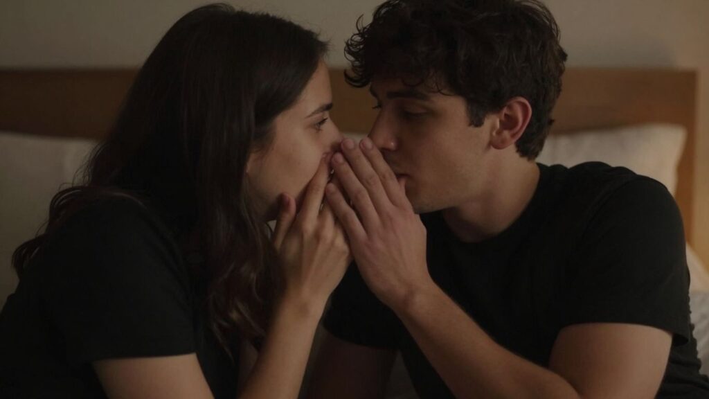 Couple communicating intimately in a bedroom setting.