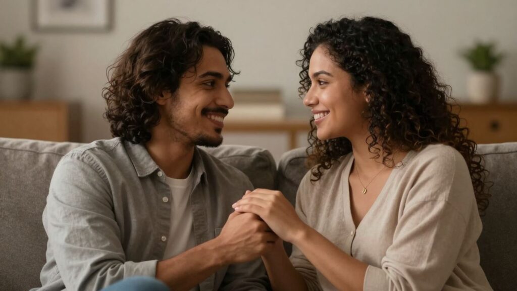 Couple communicating intimately on a sofa.