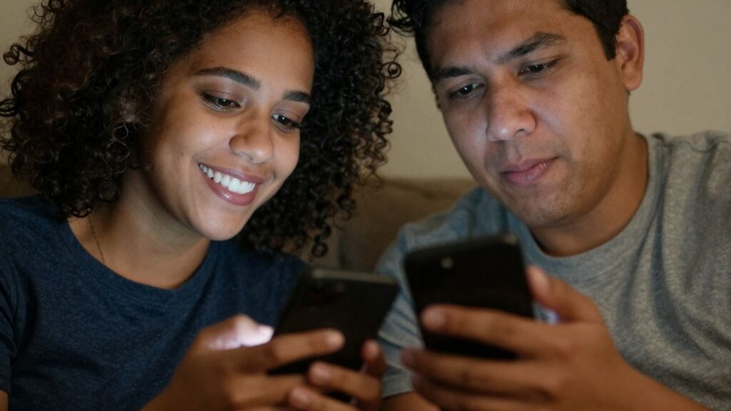 Couple communicating intimately via smartphones during digital foreplay.