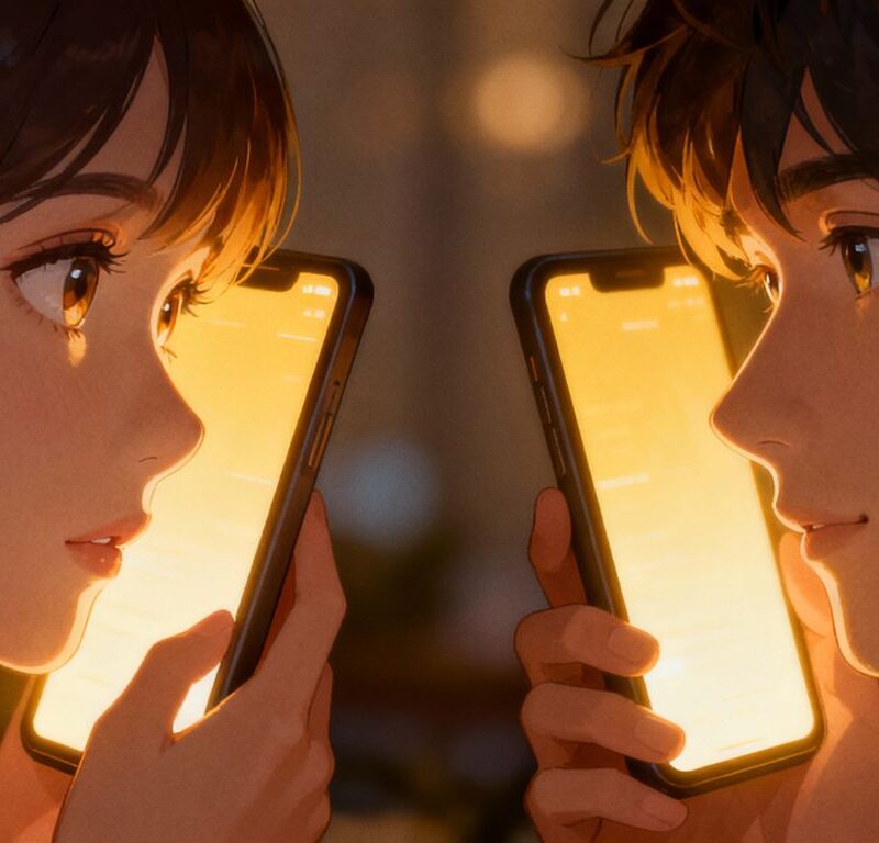 Couple connecting digitally for long-distance swinger foreplay.
