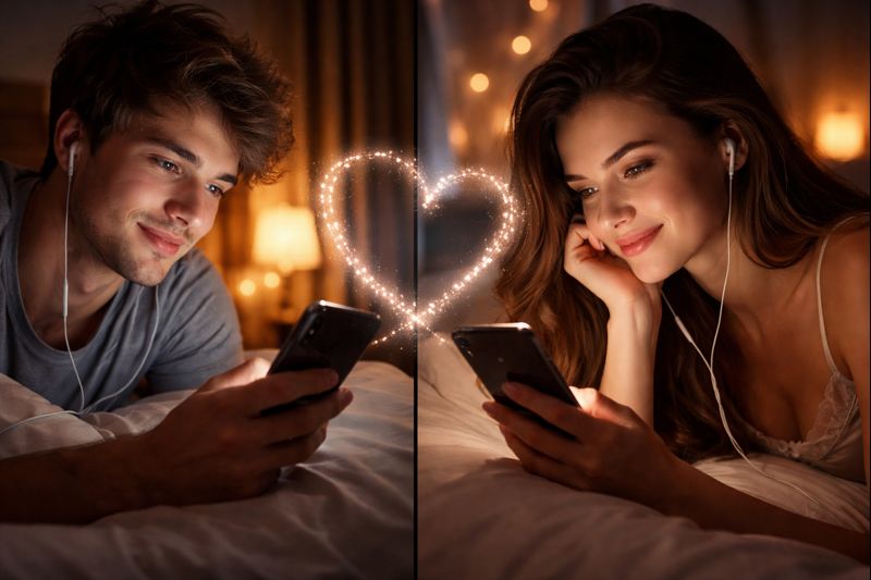 Couple connecting digitally, hinting at intimacy and anticipation.