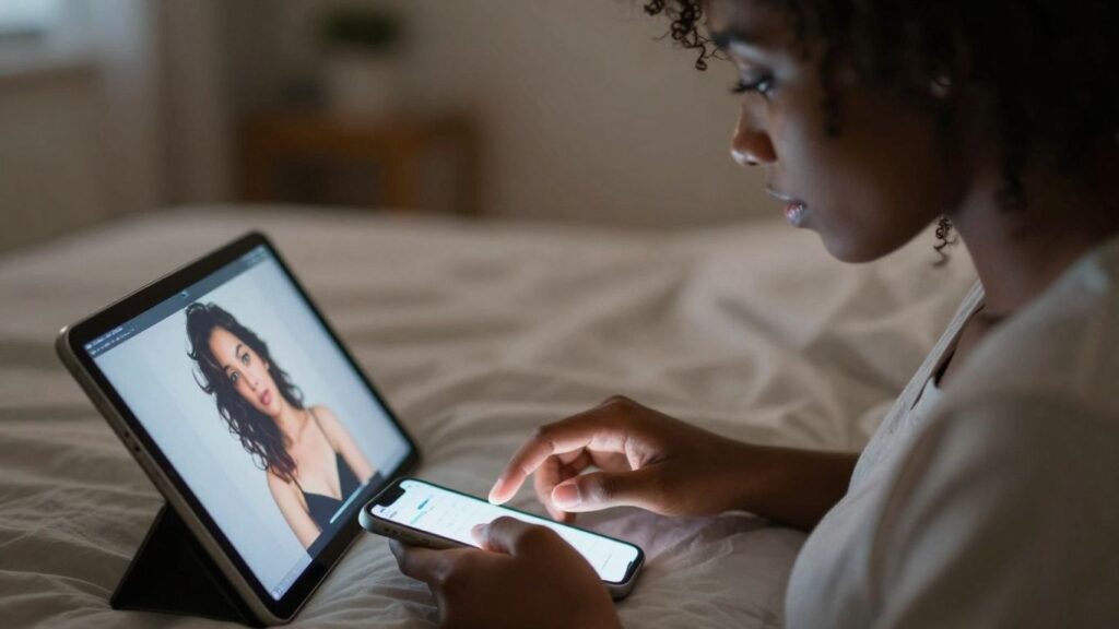 Couple connecting digitally in a modern, intimate setting.