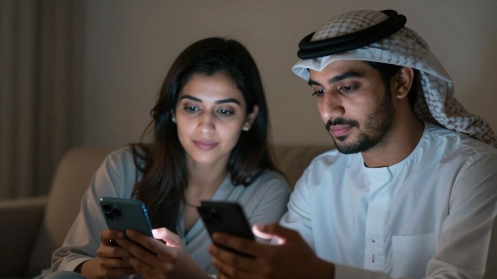 Couple connecting digitally in modern swinging lifestyle.